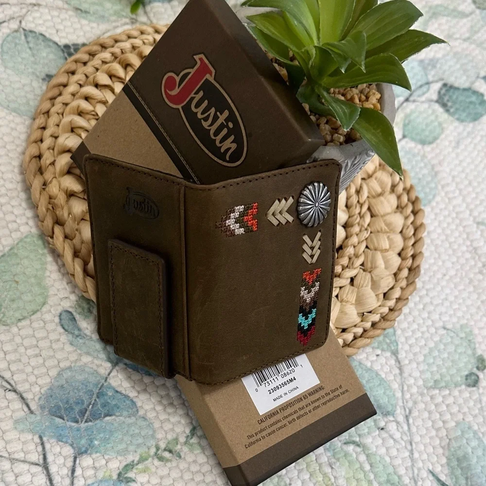 New Justin Boots Genuine Leather Card Wallet Tribal Western Colorful Embroidery